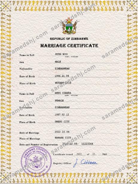 Zimbabwe marriage certificate PSD template